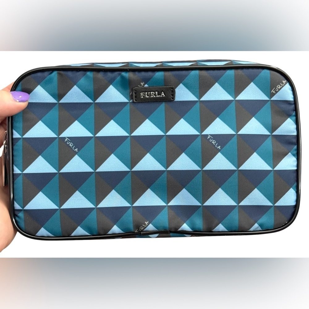 New Furla blue geometric cosmetic pouch with dust bag